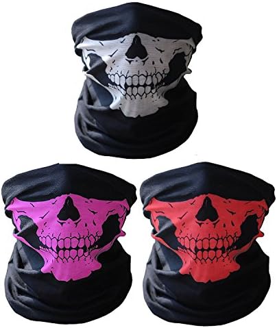 UniWey 3 Pack Seamless Skull Face Tube Mask Motorcycle Face Mask (1 White + 1 Red + 1 Pink)