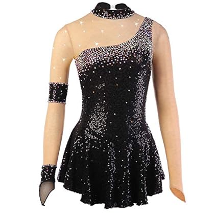 YunNR Handgefertigtes Eiskunstlaufkleid für Kinder/Mädchen Rollschuh Kleid Wettbewerb Kostüm Pailletten Langärmelige, elastis