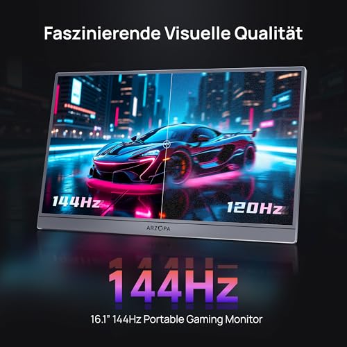 ARZOPA 16.1 Inch 144Hz Portable Monitor with Storage Bag, 106% sRGB FHD 1080P 144Hz Gaming Monitor, Ultra Slim - Eye Protection, External Second Screens for Laptop/PC/Mac/PS5/Xbox - Z1FC Grey