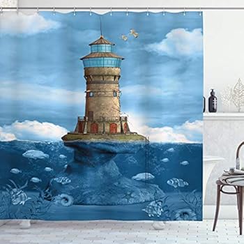 Ambesonne Lighthouse Decor Collection, Lighthouse Seagulls Birds Architecture Maritime Reef Fish Undersea Scenic, Polyester Fabric Bathroom Shower Curtain Set with Hooks, Teal Blue Ivory Green