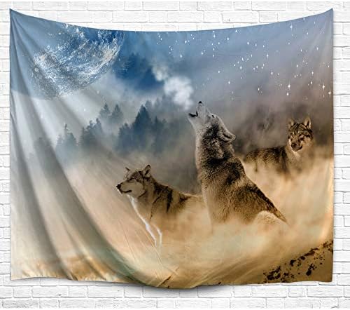 Howling Wolf Wall Tapestry, Three Musketeers Wolves in Desert Sandy Land Howling to Moon Wall Hanging Art Decors Tapestry for Bedroom Living Room