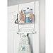 mDesign Metal Over Door Ironing Board Holder with Large Storage Basket - Holds Iron, Board, Spray Bottles, Starch, Fabric Refresher - for Laundry, Utility Room, Garage - Satin