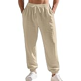 TAFLE Men's Linen Joggers Summer Beach Lightweight Drawstring Yoga Pants with Pockets & Elastic Cuffs