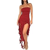 Balimtoy Women's Y2k Strapless Ruffle Bodycon Maxi Dress Tube Top Ruched Split Thigh Formal Club Party Long Dresses