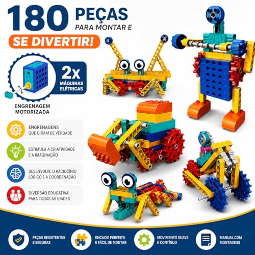 Blocos de Construção Eletrônico STEM – Kit de Engenharia Educacional com Motor, Engrenagens e Modelos Mecânicos | Brinquedo Educativo de Ciência e Robótica para Crianças 3+ Anos (180 Peças)