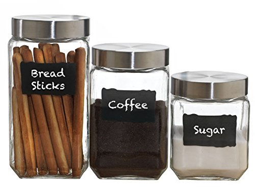 Palais Glassware Canister, Clear Glass with Chalkboard and Chalk, Air Tight Steel Lids for Bathroom or Kitchen, Set of 3