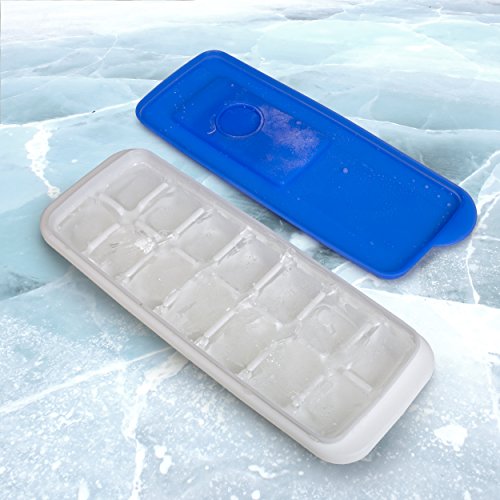 BloominGoods Ice Cube Trays with Lids | Stackable, No Spill, Covered Ice Cube Tray Set with Removable Covers | White & Blue - Pack of 2