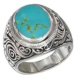 Sterling Silver Mens Scroll Design Oval Turquoise Ring (size 10)
