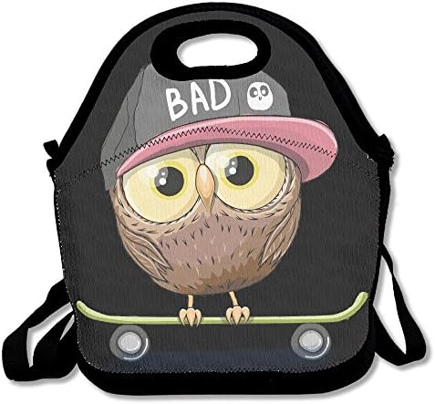 Resuable Lunch Bag Lunch Holder Lunch Container Polyester with Zipper Shoulder Strap (Bad Skating Owl)