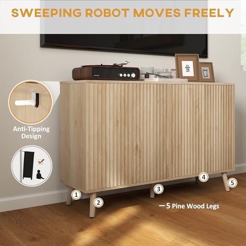 HOMCOM 47" Sideboard Buffet Cabinet with Storage, Modern Fluted Coffee Bar Cabinet with Adjustable Shelves and Wood Legs, Kitchen Credenza, Oak