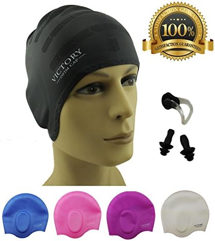 #1 Swimming Cap For Adult Men &amp; Women, Boys &amp; Girls. Specially Designed for Swimmers with Long, Thick, Curly Hair - The Best Silicone Swim Cap On Amazon – Free Nose Clip &amp; Ear Protection. (Black)