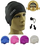 Premium Long Hair Swim Cap For Men & Women, Lady, Boys & Girls With Beautiful Design - The Best Swim Cap On The Market - Free Nose Clip & Ear Protection. (Black)