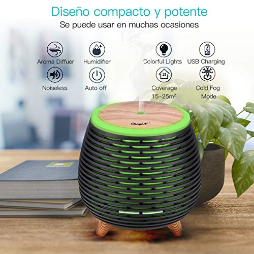 CkeyiN Humidificador Ultrasònico Mini Difusor 90ML Ambientador Aromaterapia Silencioso Apagado Automtico Luces LED 7 Colores Aceites Esenciales Dormitorio Bebe Yoga Oficina Spa Libre de BPA