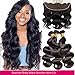 Brazilian Body Wave Hair 3 Bundles With Frontal(14 16 18+12inch) Virgin Human Hair Weave And Ear To Ear Lace Frontal Closure With Baby Hair Free Part Natural Black