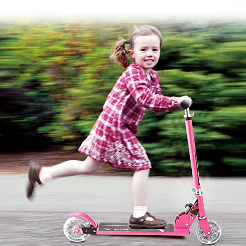 Foldable Kick Scooter for Kids Smooth & Safety - 2 LED Light Up Wheels - Minimizes Noise + Vibration - Height Adjustable Perfect Gift for Child (Pink)