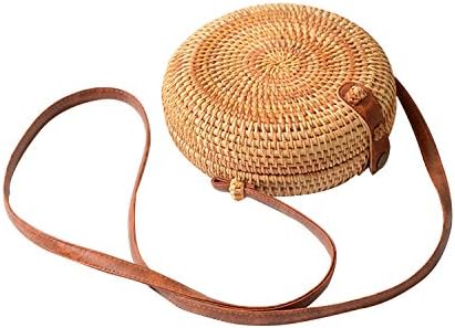 Handmade Rattan Woven Round Women Crossbody Bag Vintage Retro Straw Messenger Bag,Round