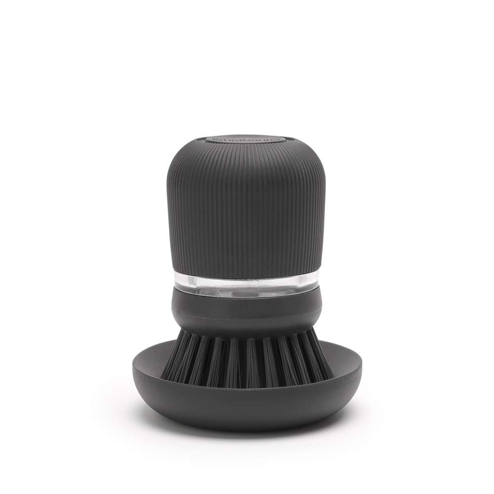 Brabantia Refillable Soap Dispensing Washing Up Brush (Dark Grey) Secure Grip Palm Brush with Storage Tray