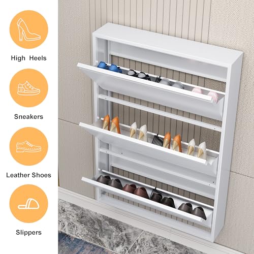 Shoe Cabinet Storage for Entryway, Narrow Shoe Storage Cabinet for Entryway Slim, White Metal Shoe Cabinet with 3 Flip Drawers, Wall Mounted