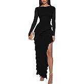 HOCILLE Women's Sexy Boat Neck Bodycon Maxi Dresses Long Sleeve High Slit Ruffle Cocktail Party Dress