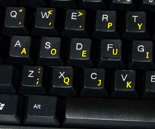 DVORAK SIMPLIFIED KEYBOARD STICKER WITH YELLOW LETTERING TRANSPARENT BACKGROUND FOR DESKTOP, LAPTOP AND NOTEBOOK