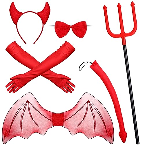 Xaatren 6 Pcs Halloween Monster Costume Set Monster Horns Headband Tail Cosplay Wings Fork Bow Tie Long Gloves Halloween Red Demon Costume Accessories for Cosplay Party Prop Supplies at Amazon