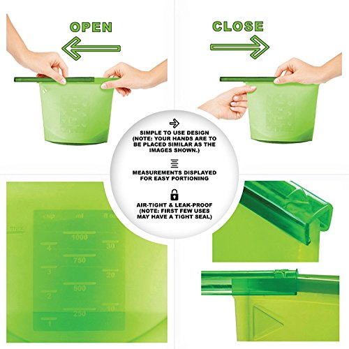 Kitchen Wonders4-PACK Reusable Silicone Food Bags| Stasher| Preservation of Fruit, Vegetables, Meats Etc. Storage Container| Airtight Seal Lunch & Snack Bags| Freeze & Heat Safe w/Dish Brush