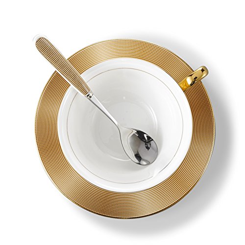 Panbado 3Pcs Bone China Tea Cup and Saucer Set with Spoon, 200 ml/6.8 oz, Golden Grid - Thumbnail 2