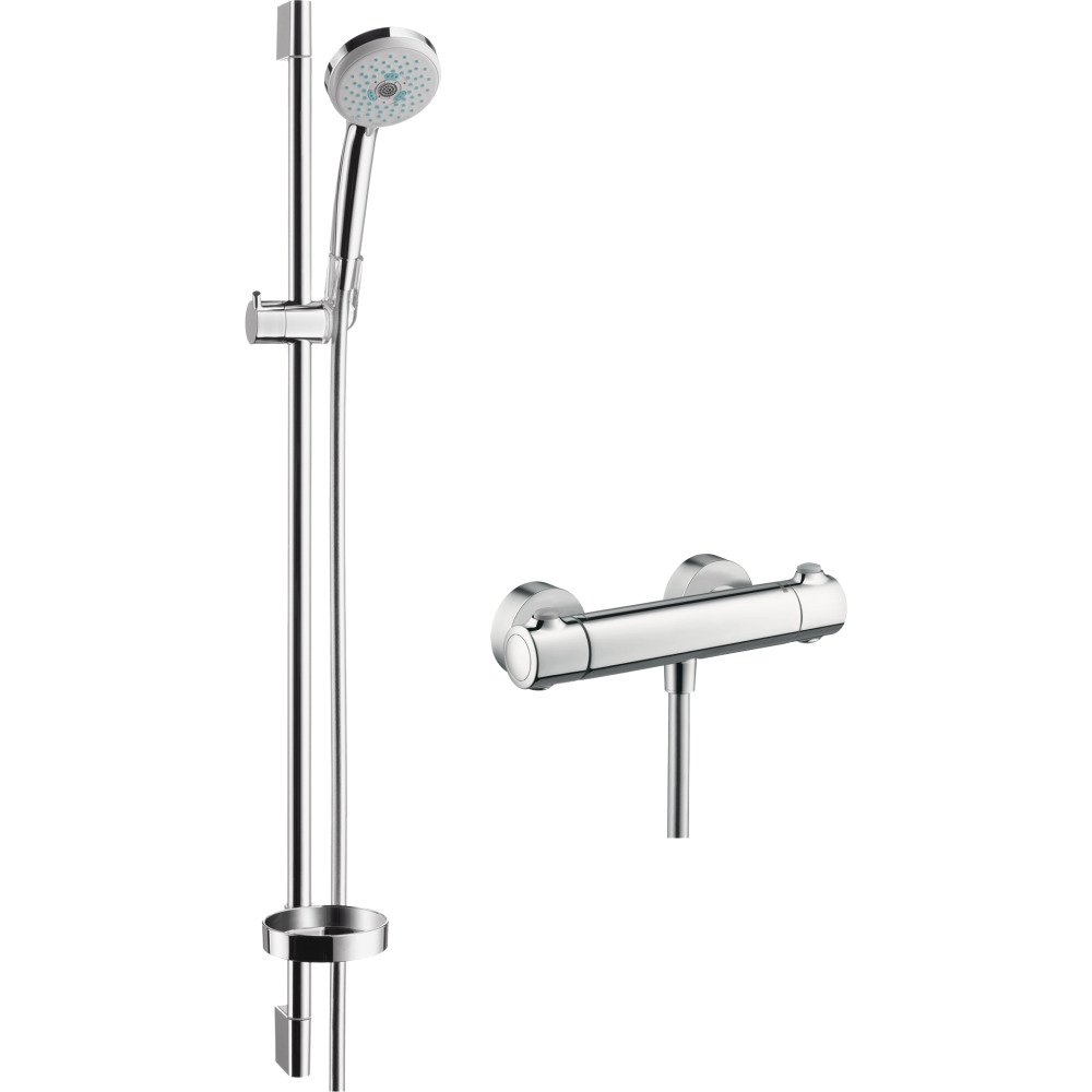 hansgrohe Croma 100 - shower set with thermost Ecostat Comfort, shower head, shower bar 90cm, shower hose 160cm and shower head holder, hand shower with 3 sprays, chrome, 27085000 — image 1
