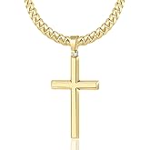 BWDIPCYC S925 Sterling Silver / 14K Gold Plated Beveled Edge Cross Necklace for Men Women with 5mm Diamond Cut Cuban Link Chain, Fashionable Men's Crucifix Pendant Chain Necklaces 16-30 Inches