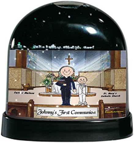 Personalized Friendly Folks Cartoon Caricature Snow Globe Gift: Communion, Boy - Male Priest Great for First Communion, ceremony
