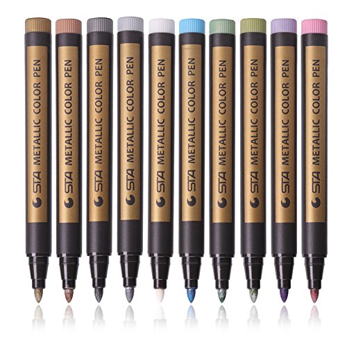 Metallic Markers Paints Pens - Medium Fine Point Metal Art Painting Markers For Gift Card Making, DIY Photo Album, Scrapbooking, Christmas Craft Kids - Works on Most Surfaces - Pack of 10