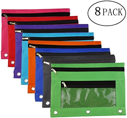 Kasteco 8 Pack 3-Ring Pencil Pouch with Mesh Window, 8 Colors