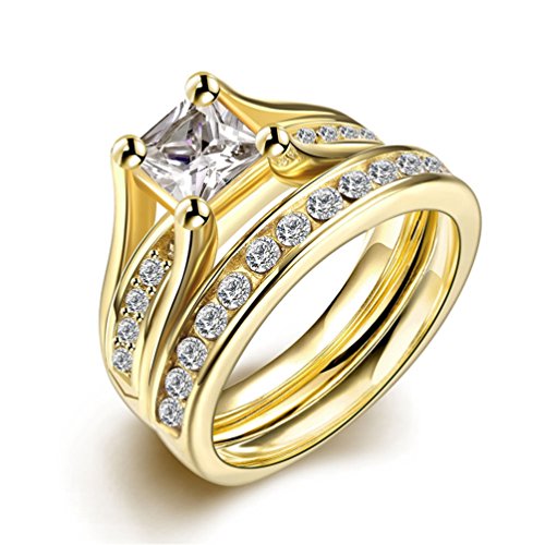 HMILYDYK 2 Pcs A Set Swarovski Element Crystal Stainless Steel Ring Gold Plating Band Size 6 - 9
