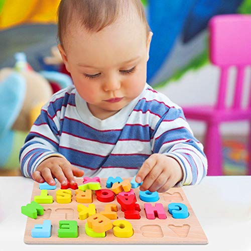 AiTuiTui Alphabet Puzzle Board Numbers Shapes 3 Sets Wooden Blocks for Toddlers, Colorful ABC Wooden Letters 1-20 Numbers Shapes Early Learning Toys for Kids Age 3 4 5 6