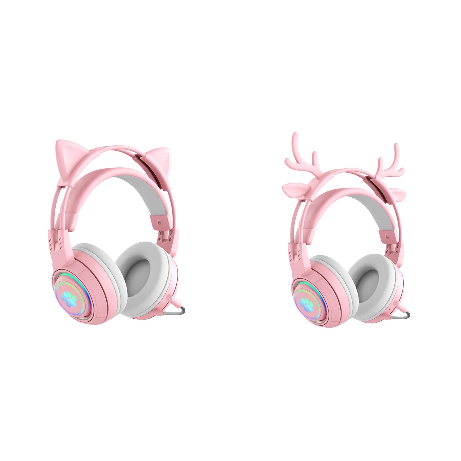 Lomiluskr RGB Cute Cat Ear Wireless Headset with Detachable Mic, Bluetooth/Wired Dual Mode Over Ear Headset, Interchangeable Cat and Deer Ears, Compatible with PC, Laptop, Tablet, Smartphone (Pink)