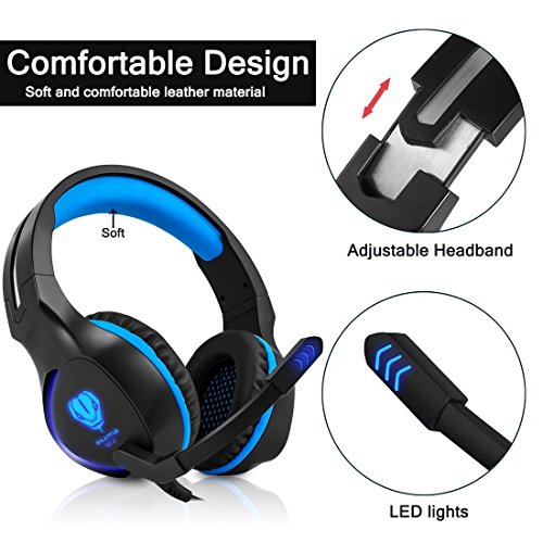 Butfulake Gaming Headset for Xbox One PS4 PlayStation 4 Nintendo Switch PC Smartphone, 3.5mm Stereo Gaming Sound Over-Ear Headphones Noise Cancelling with Mic and LED Light, Blue - Thumbnail 5
