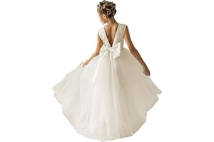 HEWEGO Flower Girls Dress for Wedding Satin Tulle Pageant Formal Communion Dress Pearls Prom Ball Gown with Bow-Knot