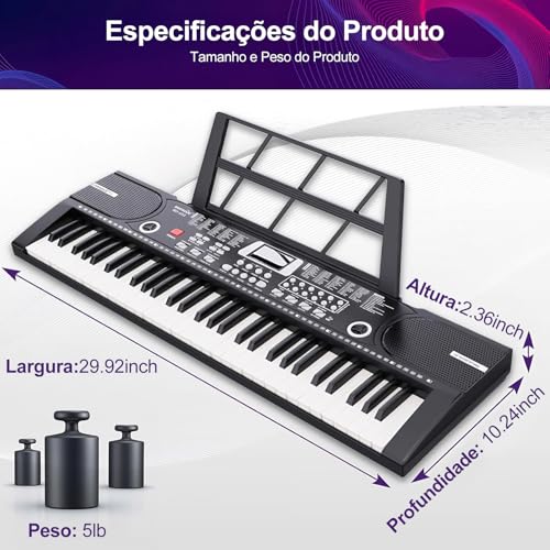 Teclado Musical 61 Teclas Piano Digital Eletrônico com Microfone Alto-falante Integrado Teclado Portátil Iniciante Teclado Musical Profissional