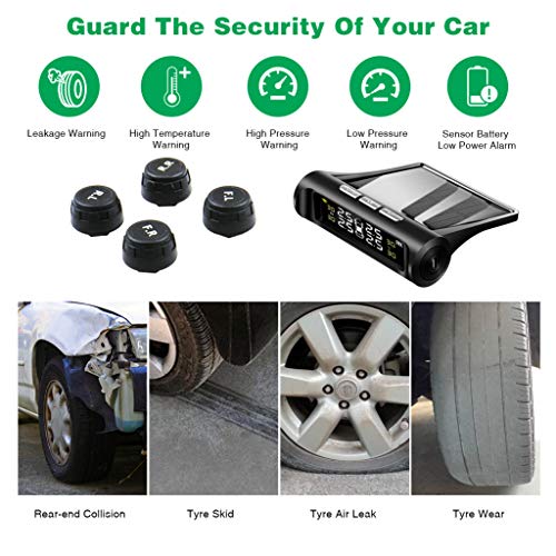 VSTM Tire Pressure Monitoring System TPMS,Solar Power Universal Wireless Car Alarm System with 4 External Sensors,6 Alarm Modes,LCD Real-time Display Pressure & Temperature Alerts Ensure Safe Driving