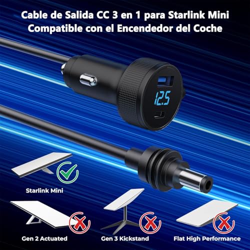 3 en 1 Cable de Alimentación CC para Starlink Mini, Adaptador para Encendedor de 12V-48V con Pantalla Digital, Puertos Tipo C PD de 35W y USB A de 30 W, Ideal para Camiones y Coches (5 metros, 18AWG)