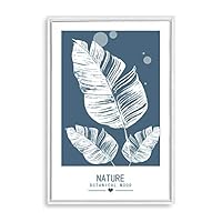 Framed Canvas Wall Art - White Leaf on Grayish-Blue Background - Canvas Prints Home Artwork Decoration for Living Room,Bedroom - 16x24 inches
