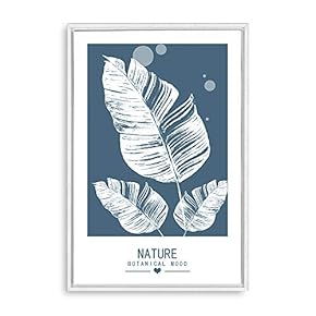 Framed Canvas Wall Art - White Leaf on Grayish-Blue Background - Canvas Prints Home Artwork Decoration for Living Room,Bedroom - 24x36 inches
