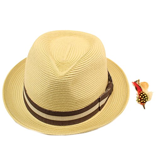 Men's Stripe Band Removable Feather Derby Fedora Curled Brim Hat L/XL