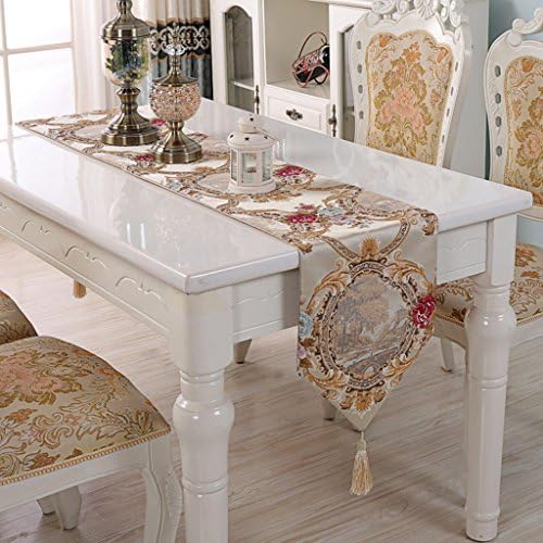 AMCER Green Jacquard Table Runner Beige Stripe Fabric Decoration Bedside Towel 82" x 12.2"