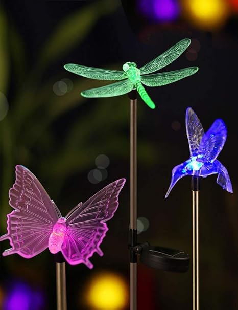 Electomania Solar Garden Lights, Hummingbird, Butterfly & Dragonfly Solar Stake Lights, Solar Powered Pathway Lights, Multi-Color Changing Led Lights