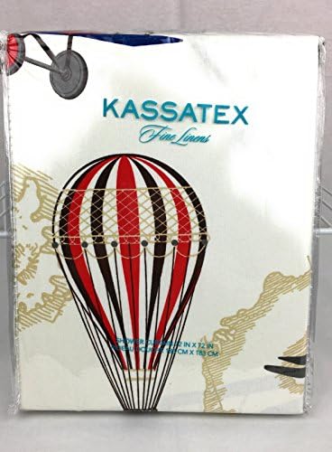 Bambini by Kassatex 100% Cotton "In Flight" Shower Curtain Red Green Blue Grey on White Retro Airplanes and Hot Air Balloons Beige Maps