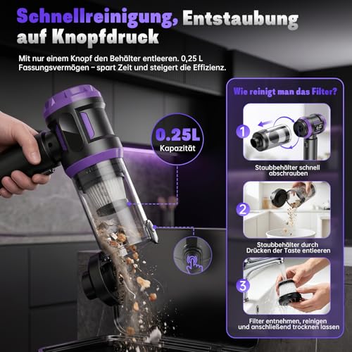 Handstaubsauger Akku 27000Pa mit LED-Display, 5-in-1 Kabelloser Autosauger Stark ,Bürstenloser Motor 220000 RPM,3 Stufen Mini Staubsauger mit HEPA-Filter,12 Zubehör für Auto,PC,Sofa,Tierhaare,Notfall
