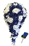 2pc Set: Cascade Bridal Bouquet & Boutonniere W/bling: Royal Blue White - Silk Flowers