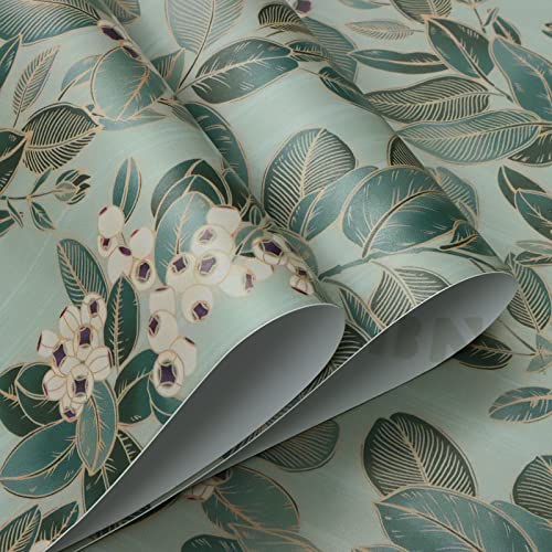 Ismoon Delicate Gold and Green Wallpaper 16.1\'\' X 118\'\' Thicken Green Leaf Peel and Stick Wallpaper Vintage Contact Paper Waterproof Wallpaper Self Adhesive Vinyl Roll for Wall Furniture Shelf Liner