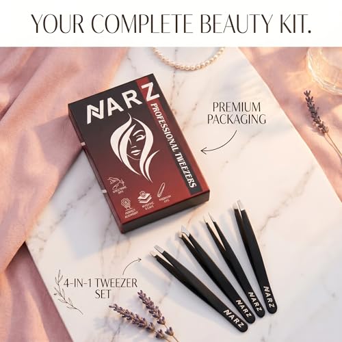 NARZ 4Pcs Professional Tweezers for Women Facial Hair Stainless Steel Precision Tweezers for Ingrown Hair Eyebrow Tweezer for Men & Women (Black Set)